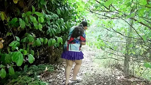 Short and thick brunette outdoor pising and public flashing