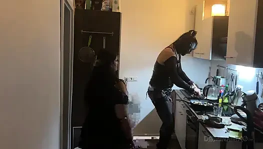Dominant MILF Stretches Latex Sub's Ass Wide in Kitchen