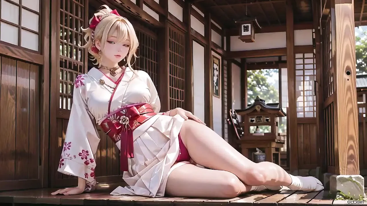 Blonde Kimono Girl! Forbidden Contrast From Shrine to Pure White Bed, Half-unbuttoned, Fingertips Trembling