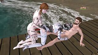 Animowany film porno w 3D pięknej robotki uprawia seks w trójkącie z mężczyzną i dziewczyną