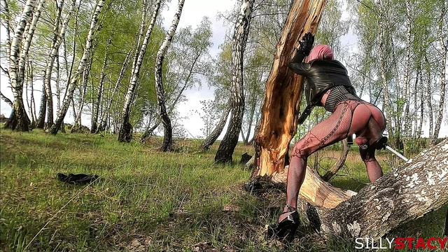 Sissy Stacy Walking Outdoor and Play with Huge Dildo