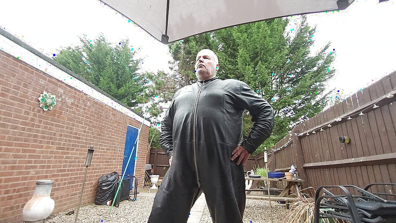 Leather overalls outside in the garden