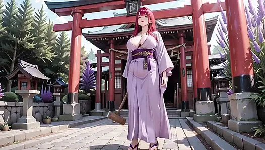 Rothaarige kimono-göttin! Kniet unter dem heiligen Torii-Tor kniet sie und passt ihr getränktes rückenloses Outfit mit einem schüchternen Blick an.