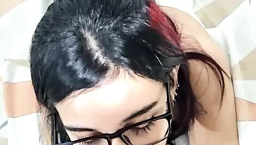 Slut enjoys sucking a big cock and filling her entire mouth with milk