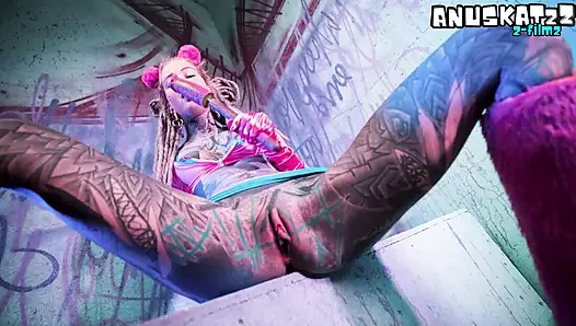 Tam kollu dövmeli koyu gotik hatun dp'nin götünü ve amını tek başına - terli oyuncak sikişiyor ve götten ağza