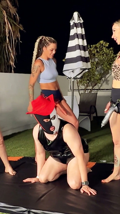 Pegging Trainbang - Triple Pegging Foursome Mars Solo, Huntress Lynx, & Goddess Andi Practice Wrestling Moves on Cowboy Strapon
