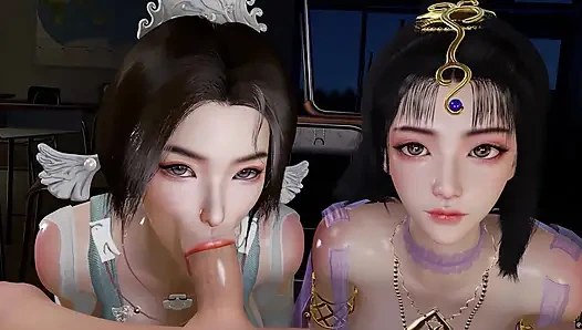 3 boyutlu iki azgın hatun büyük bir yarağı paylaşıyor