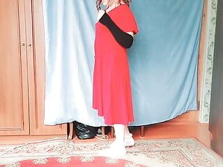 +18 Μοντέλο Crossdresser Kitty Σέξι χωρικός Φόρεμα νοικοκυρά Μακρύ κάλτσες Λευκό BBW Femboy