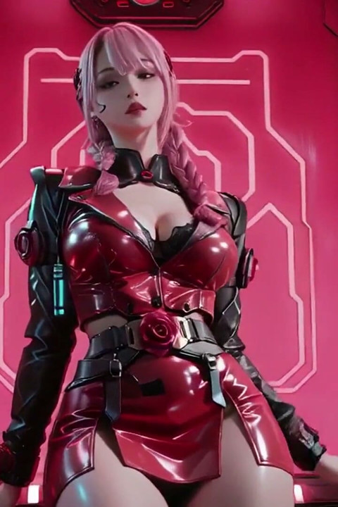 Pink-haired Mech Warrior! Kneeling in Neon Streets, Red Rose & Cold Armor Contrast.