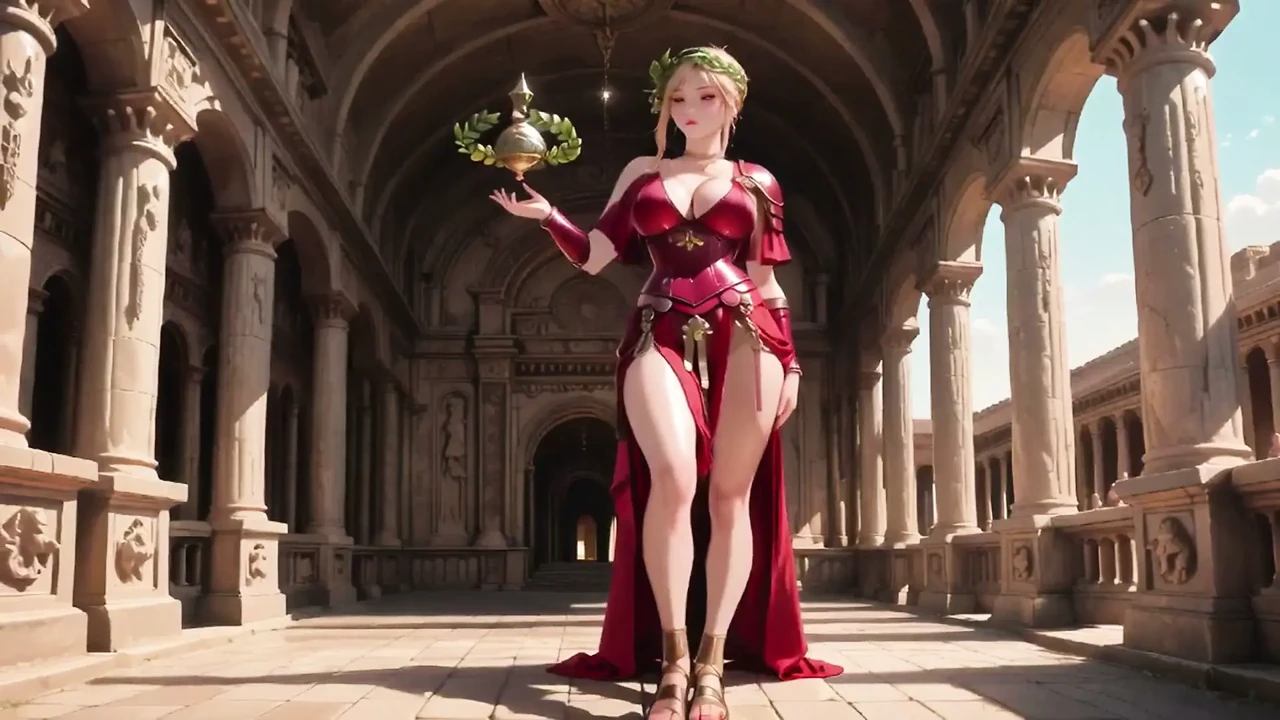 Red Armor Queen! Gaze in the Roman Corridor, Skirt Lift Reveal, Hand on Lips Teasing You...