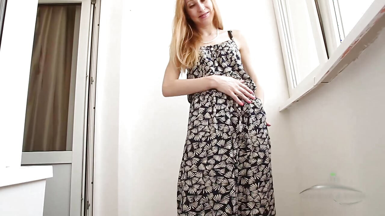 Pale Skinny Strawberry Blonde Kler Strips and Plays With Her Hairy Bush & Clit