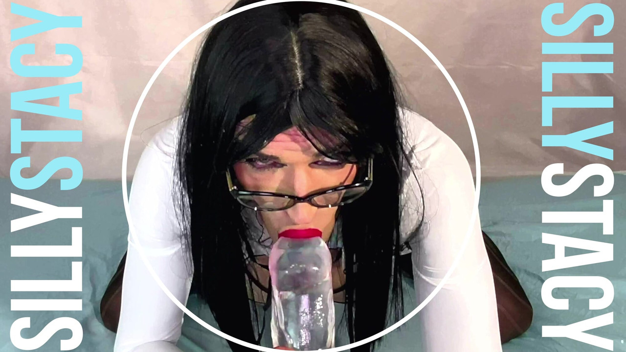 Cute Sissy stretch here mouth by huge clear dildo