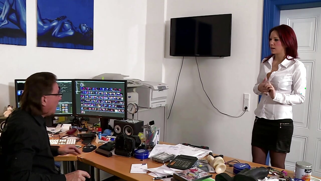 Tattooed redhead chick gets fucked hard in secretary room