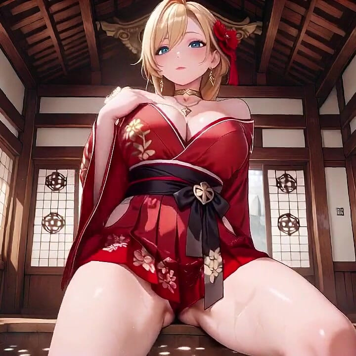 Private Shrine Encounter, Lazy Seduction on Tatami, Revealing Full Bust Under the Open-shoulder Red Dress.
