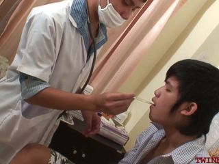 Fisted Asian twink jerking while barebacked by doctor