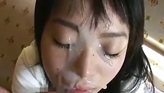 japanese doll self-delivered facial HUGE load, thick wads
