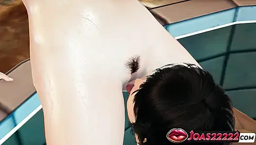 Pool Hentai Featuring Wet Hitomi Intense Pussy Licking, and Tight Ass Licking Ending in a Squirt