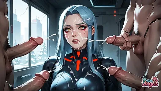 Ratu cityscape muncrat berambut biru dicrot tiga kali lipat