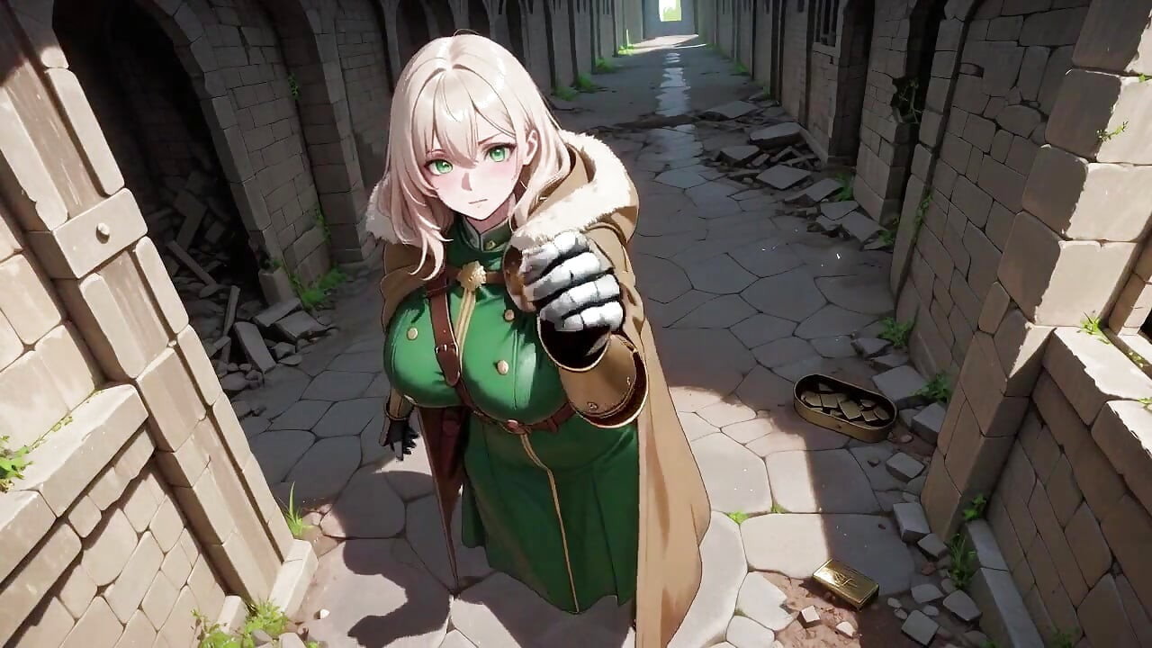 Blonde Knight's Afternoon! Green Uniform Golden Mechanical Arms, leniwie kontemplując w starożytnych kamiennych ruinach.