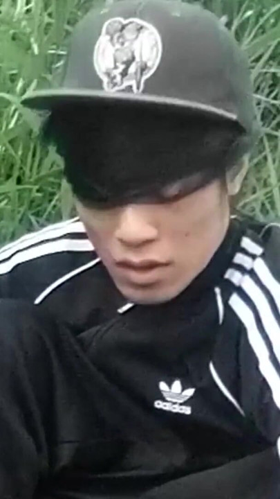 Cute Asian gay twink in a black-and-white adidas tracksuit and Campus sneakers masturbates and cums outdoors | Clip 1