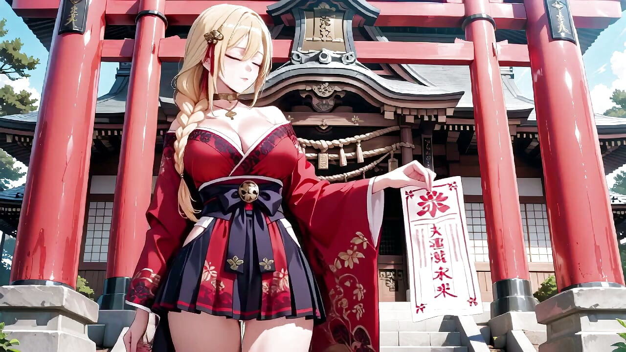 Miko Vermelha e Preta! Oração Proibida no Santuário, Fenda Alta do Hakama, Olhar Molhado da Deusa Dourada!