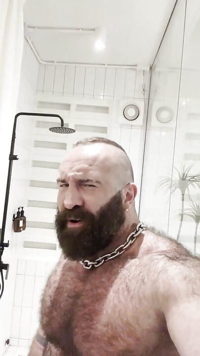 Verbal Muscle Bear Jerks His Big Cock with Cock Ring & Heavy Balls