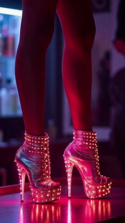 Hot high heels on a counter in a nightclub with messy cumshots on legs, feet and heels. AI-generated | Clip 1