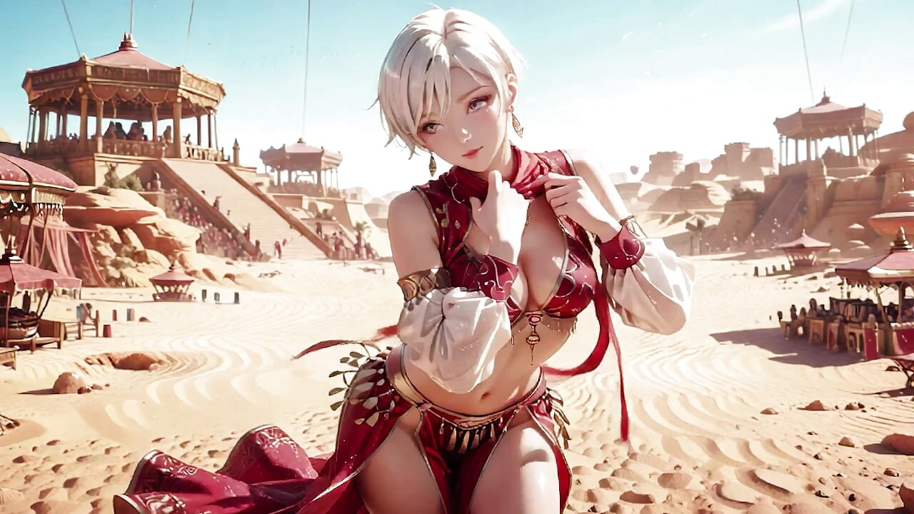 Desert Fantasy! Silver-haired Saintess's Private Dance in the Red-Gold Palace, light ribbons wrapping around her.