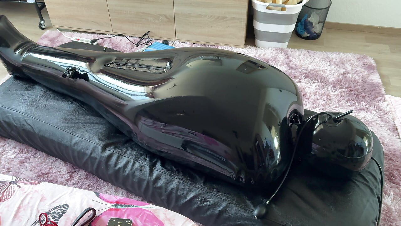 Wife drives her husband crazy with ESTIM in Inflatable Full Body Latex Bondage Bag - Exreme Edging. Restricted Breathing Gagged
