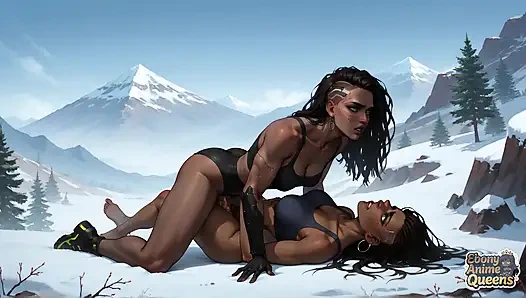 Черная сладкая вступает на четвереньки на снежной вершине горы, подготовленной для гигантского долота и супер-трах-горячего XXX