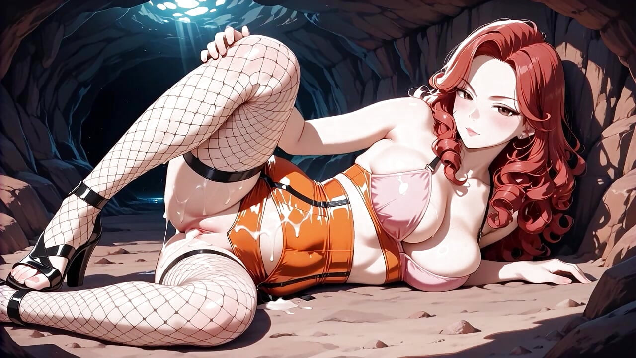 Anime rothaarige reitet hart im orange bikini, bis zum tropfenden Überlauf