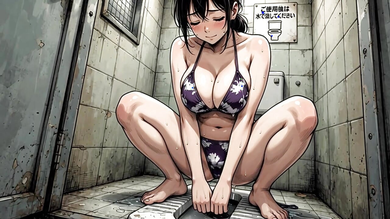 A young woman with large breasts urinating