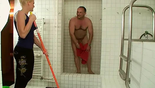 Busty Blonde MILF From France Got to Deep Throat Cock in Bathroom