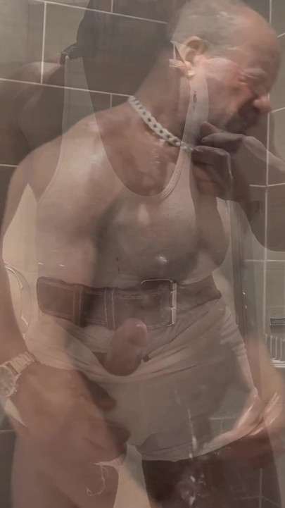 Black Muscle Stepdad Revealing Singlet Bate Cum Post Gym Shower