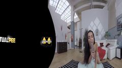 VR porn with Amanda Estela who sucks and fucks a glass dildo