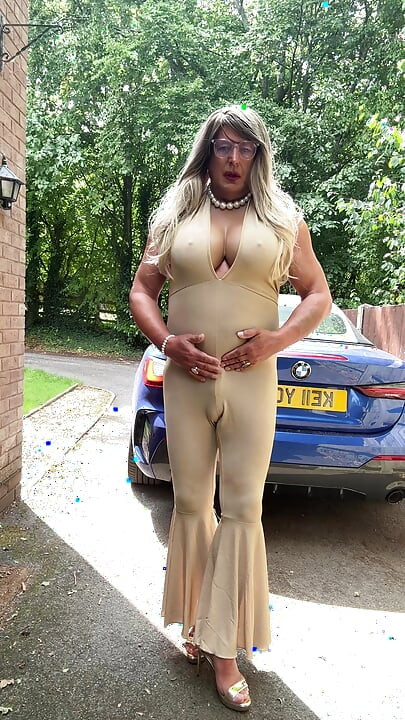 Sexy Crossdresser kellycd2022 in gold stretchy catsuit and heels