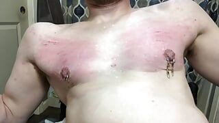 Clint Cumin- disabled sub hits chest, cock, and balls