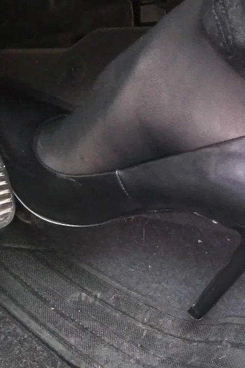 Revving and Driving in Black Pantyhose and Grey High Heels