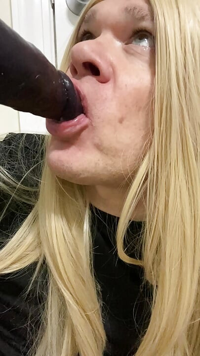 Crossdresser sucking a BBC dildo while talking to Daddy like a good slut