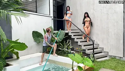 Threesome with Colombian Big-bootied Girls Fucking the Pool Boy with Their Big Tits - Sthefycupcake & Alejandra Palacios