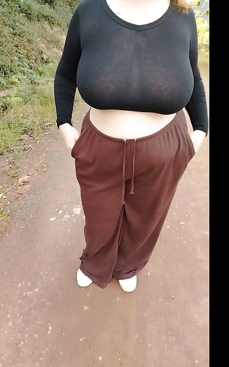 Stepmom in transparent t-shirt showing off in public.