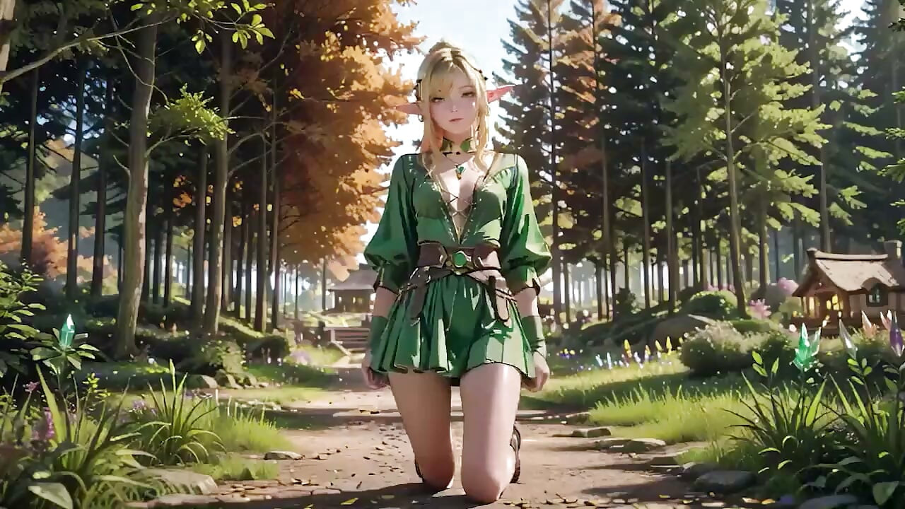 Forest Elf Queen! Kneeling in the Dappled Sunlight, Her Fingertips Tracing the Staff as She Gets Wet.