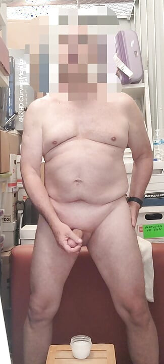 Exhibitionist masturbator stroking, cumming, and swallowing in my storage space