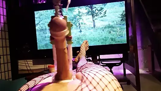 Tiffany's Big Cock Stretching While Gaming