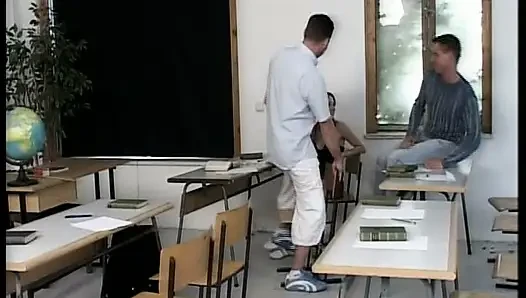 Tiny German teen doll fucked in hard threesome in the classroom