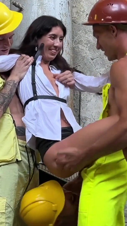 Powerful moment from "Three workers persuade a fragile inspector to fuck. Katty West + DisDiger, Falcon Al and Kit Belove"