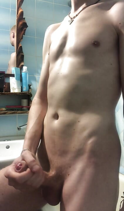 Hot Skinny Twink Jerks off in the Bathroom and Cums a Lot