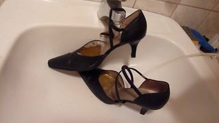 Piss in wifes black strappy high heels