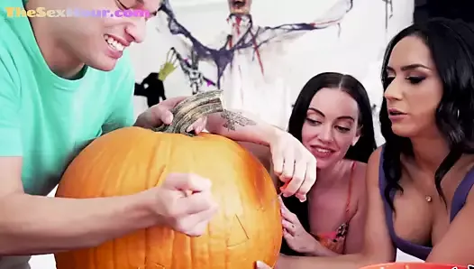 Busty halloween babe riding cock after carving pumpkins