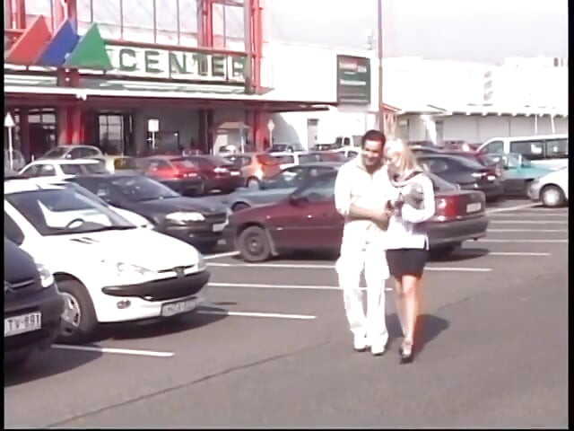 Blonde babe gets on her knees outside to suck cock and to get fucked